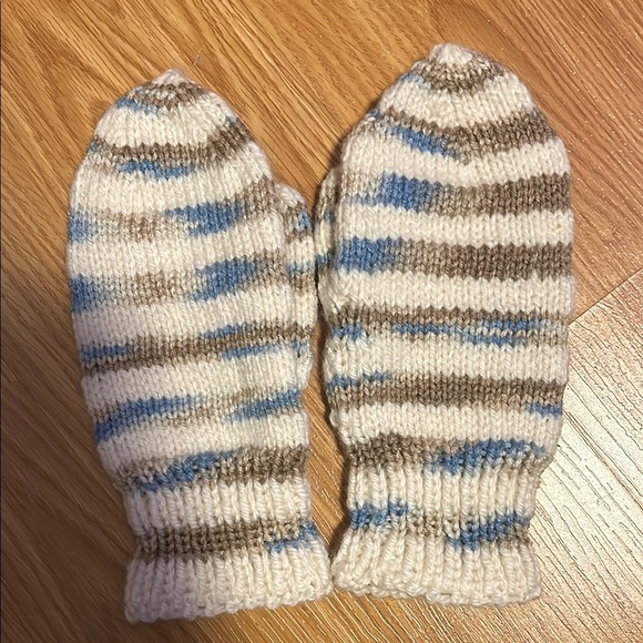 Striped Knit Mittens in Cream, Blue, and Brown - Picture 1 of 3